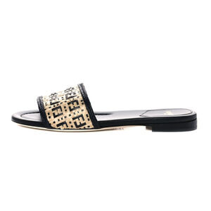 Fendi Raffia FF Logo Slip On Flat Slide Sandals Natural Black Women's Size 38